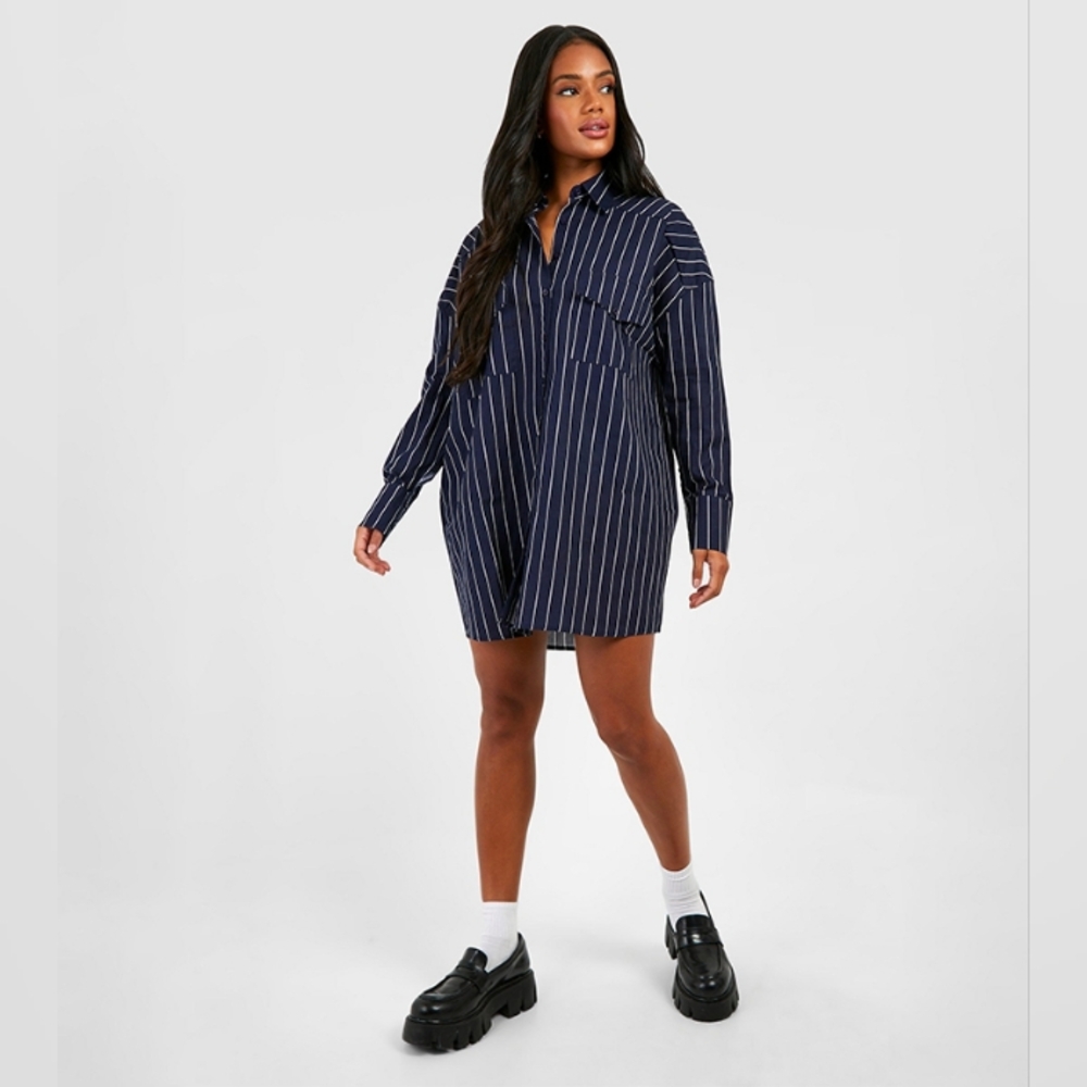Navy Pinstripe Button-Up Boho Shirt Dress - Picture 3 of 3